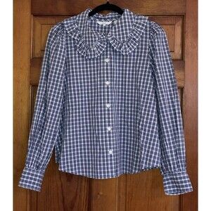 Levis Womens M Blue White Gingham Peter Pan Collar Long Sleeve Cottagecore Top